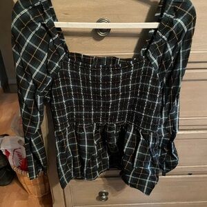Old Navy Black Green Plaid Blouse